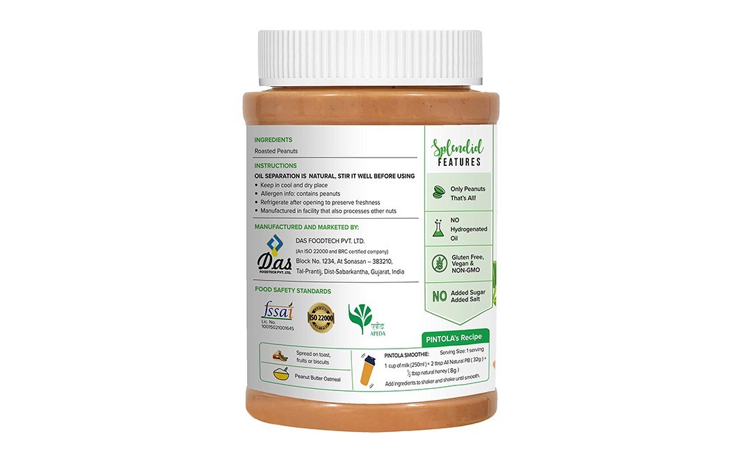 Pintola Unsweetened Peanut Butter All Natural Creamy   Plastic Jar  1 kilogram